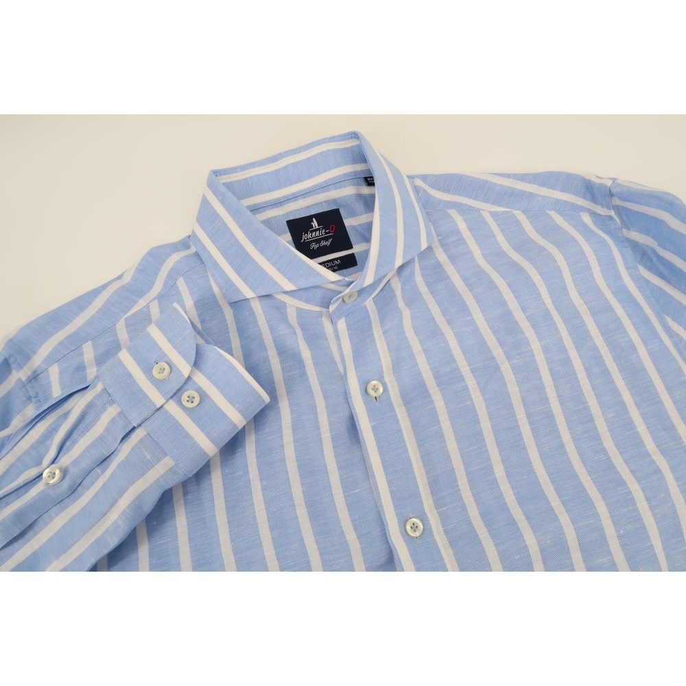 Johnnie-O Top Shelf OCON Button Up Mens Medium Blue Stripe Cotton Linen JMWL8690